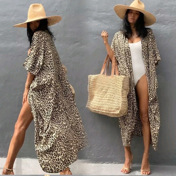 New Bohemian Leopard Kimono Duster Jacket Robe Swim Cover Up Wrap - Picture 4 of 17